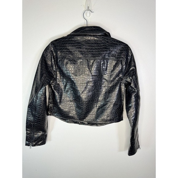 ModCloth Crocodile Black Faux Vegan Leather Moto Biker Crop Jacket Sz Sm… - Picture 8 of 10